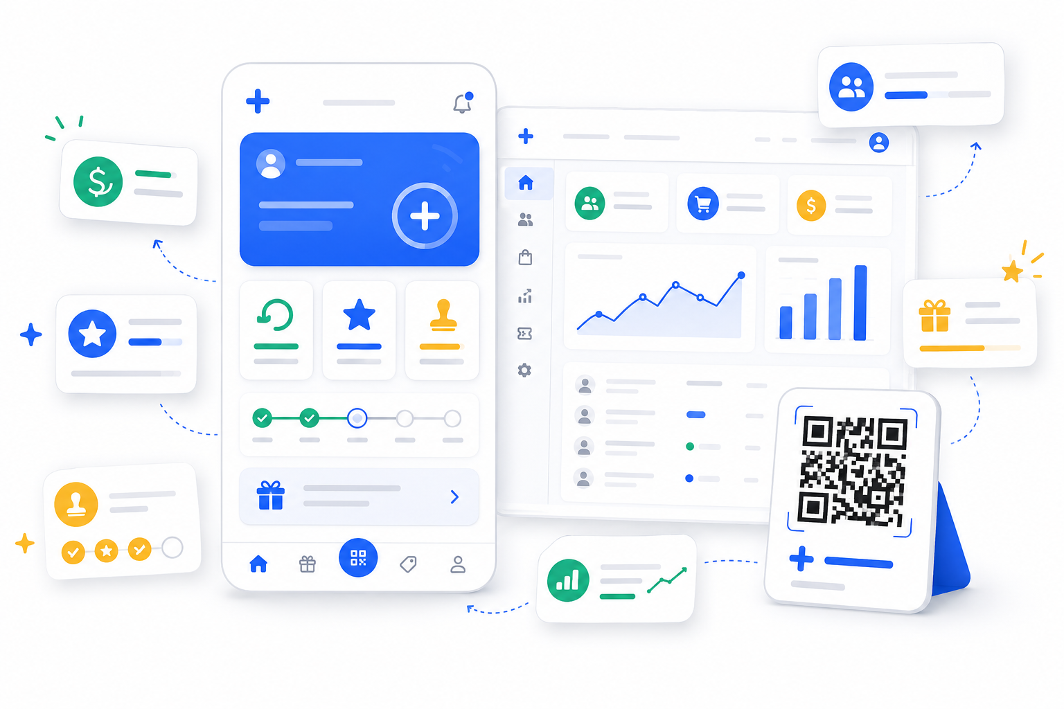 Mockup do +Clube com clube digital, cashback e QR Code