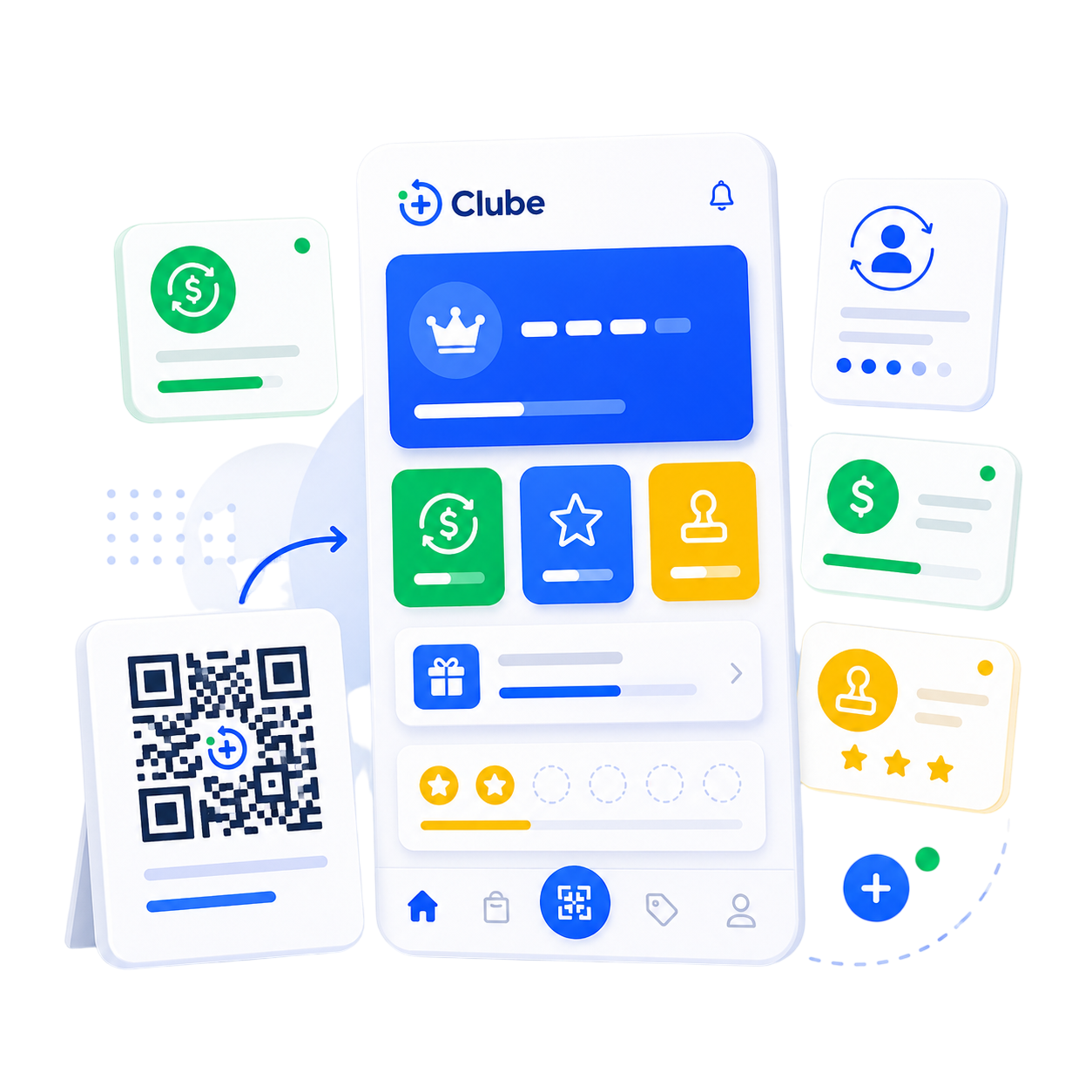 Mockup do +Clube com QR Code e beneficios no celular